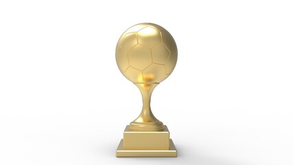 3D rendering of a golden precious soccer football award thropy championship award achievement. Tournament victory win prize isolated in empty studio space background. Winner.