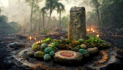 There is an obelisk in the jungle with stones and candles behind it. - obrazy, fototapety, plakaty