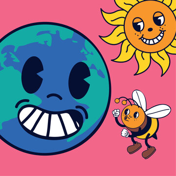 cartoon planet flower and bee