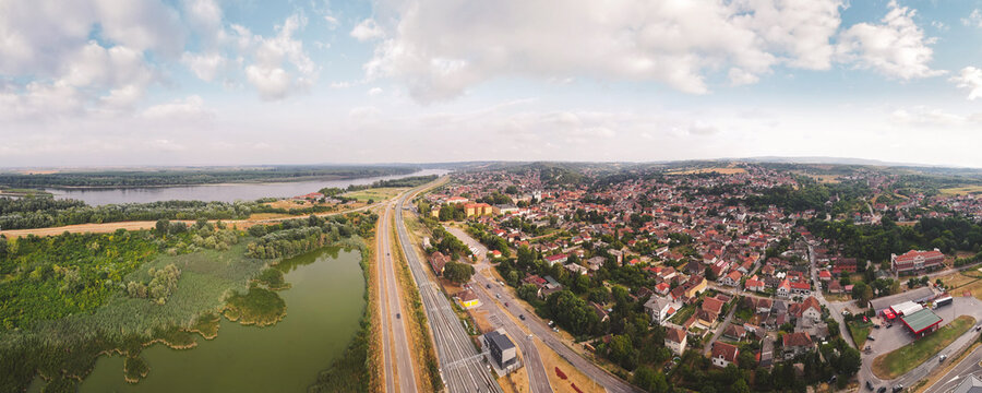 Panoramic aerial view of the Sremski Karlovci, Serbia, touristic destination  with beautiful architecture. Also shows the Belgrade-Sremski Karlovci  section of the Belgrade-Budapest railway.