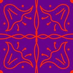 Modern floral abstract repeated pattern in blue on pink background.