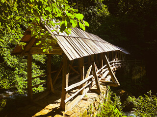 Khabelashvilebi timber reel bridge in summer. Travel destination in Adjara. Close to Batumi travel spots