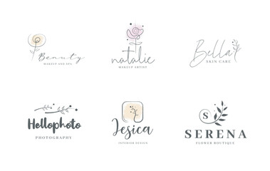 Fototapeta na wymiar Feminine logos collection, hand drawn modern minimalistic and watercolor badge templates for branding, identity, boutique, salon.