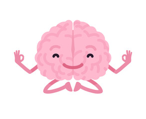 Human brain cute character meditating in lotus yoga pose. Balance emotions, intellect pleasure, memory harmony, neurology and neuroscience cognitive health. Vector flat style illustration