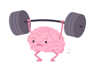 Strong human brain cute character weight lifting pose. Keep young, strong, agile, adaptable, mental fitness to level up mental performance and cognitive power. Vector flat style illustration