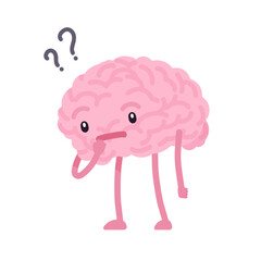 Human brain cute character question pose. Resolution or discussion, difficulty to understand or find out information, seeking in interrogative way, testing. Vector flat style illustration