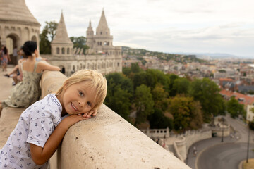 Child, boy, visiting the castle in Budapest on a summer day