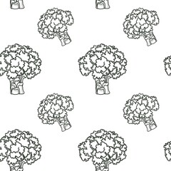 Minimalistic seamless pattern with drawn broccoli. Kitchen pattern with the image of broccoli for textiles, wallpaper, kitchen appliances.