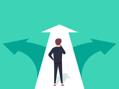 Thoughtful Man Standing At Crossroads. Way Choice Concept. Start Of Career. Confused Businessman Thinking About The Right Path. Pathway Selection Dilemma. Vector Illustration In Flat Cartoon Style
