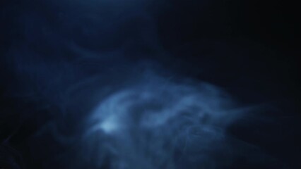 Mist texture. Smoke background for intro. Transparent fume cloud. Defocused blue vapor floating motion on dark night black abstract overlay.