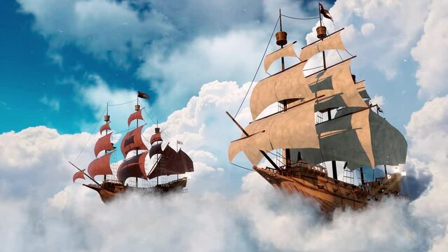 Sky Galleons Flying in the Clouds - Loop Landscape Animation Motion Background