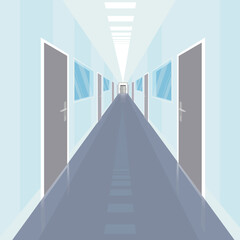 Fototapeta na wymiar Illustration of a School Corridor with a Bulletin Board, Classroom Doors and Lockers 