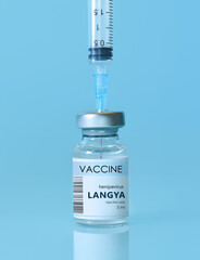 Vial with vaccine Langya henipavirus (LayV) with a syringe on a blue background.The concept of medicine, healthcare. The virus is transmitted from animals to humans.Copy space for text.