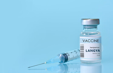 Vial with vaccine Langya henipavirus (LayV) with a syringe on a blue background.The concept of medicine, healthcare. The virus is transmitted from animals to humans.Copy space for text.