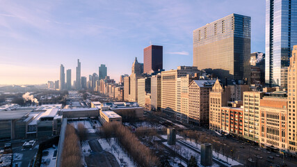 Cityscape aerial view of Chicago at sunrise.