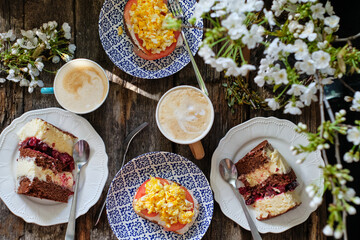 berry-stuffed cake and scrambled sandwiches