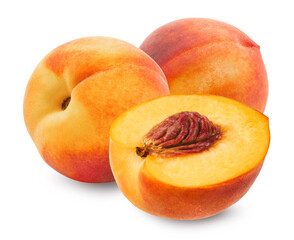 Peaches isolated. Ripe peaches on a white background. Fresh fruits.