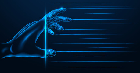 Hand is transformed into a digital copy. Entrance to the virtual world. Polygonal design. Blue background.
