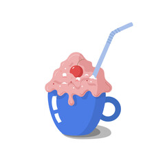 Coffee drink, dessert chilled in a cup. Whipped cream, chocolate or caramel. Ice cream, coffee, cream, cherry. Vector flat illustration. Isolated background.