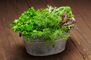 Fototapeta premium a bunch of green dill, parsley, salad and other greens in an iron bucket, dark wooden background, concept of fresh vegetables and healthy food