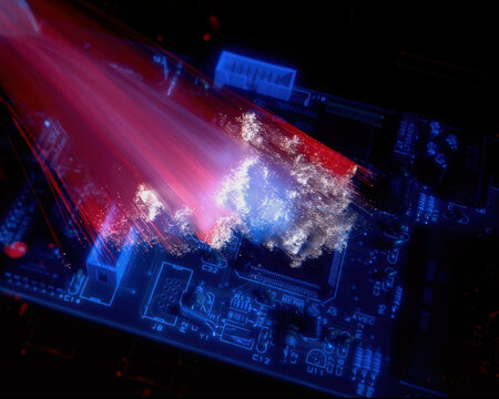 A Fiber Optic Bundle Of Glass Fibers With A Circuit Board Background Used In Computer Communications