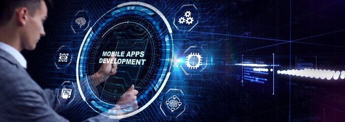 Inscription MOBILE APPS DEVELOPMENT on the virtual display. Cloud technology concept.