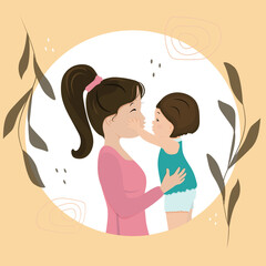 Cute little kid kissing his mom on the lips. The child pulls his hands to kiss his mother. Flat Vector Cartoon Illustration, banner, card