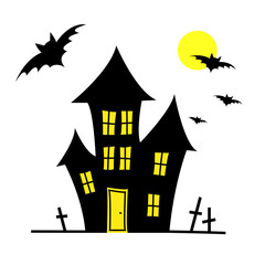 Halloween  castle and cemetery, moon and bat .