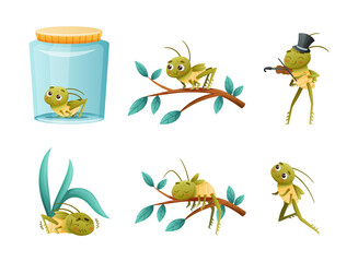 Cute Little Grasshopper Character Engaged in Various Activity Vector Set