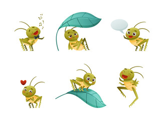 Cute Little Grasshopper Character Engaged in Various Activity Vector Set