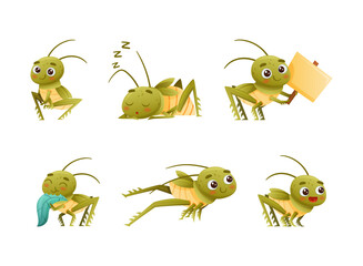 Cute Little Grasshopper Character Engaged in Various Activity Vector Set