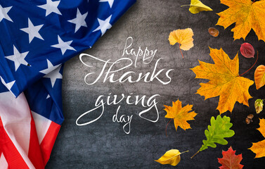 Happy Thanksgiving. American flag on gray background