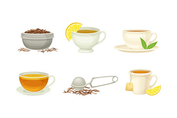 Tea Cup on Saucer and Mug with Hot Aromatic Beverage Brewing Vector Set