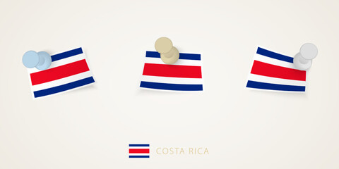 Pinned flag of Costa Rica in different shapes with twisted corners. Vector pushpins top view.