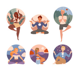 Diverse Tranquil Man and Woman with Crossed Legs Meditating in Yoga Posture or Asana Vector Set