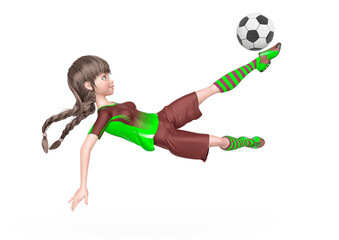 Fototapeta premium soccer girl is doing acrobatics to kick the ball in white background
