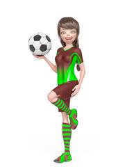 soccer girl is happy and also holding ball in white background full body view