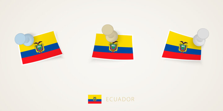 Pinned flag of Ecuador in different shapes with twisted corners. Vector pushpins top view.