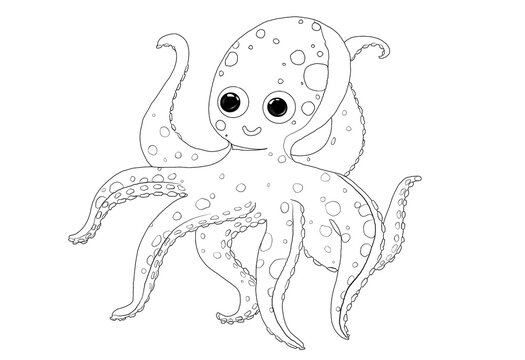 Black and white graphic art illustration of a octopus. Idea for colouring books, icon or children’s art.