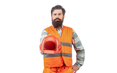 Builder in hard hat, foreman or repairman in the helmet. Man builders, industry. Worker in...