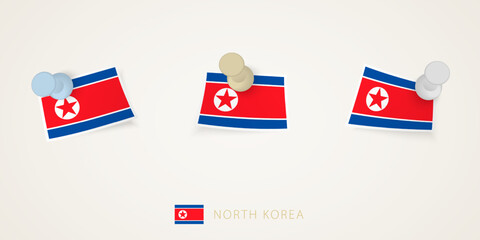 Pinned flag of North Korea in different shapes with twisted corners. Vector pushpins top view.