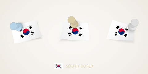 Pinned flag of South Korea in different shapes with twisted corners. Vector pushpins top view.