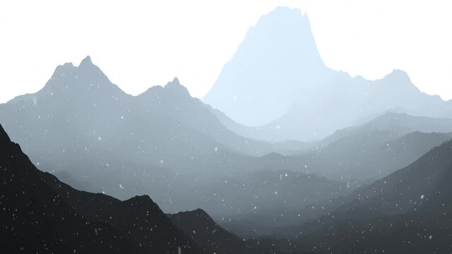 Foggy winter season mountain silhouette layers during seamless looping snowfall.