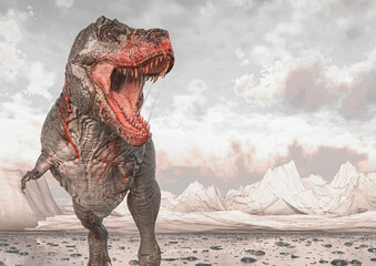 tyrannosaurus rex is looking for food on ice land