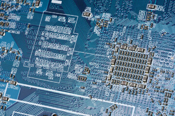 Detail of electronic components and microchips on  a video card. Latest generation Video Card.