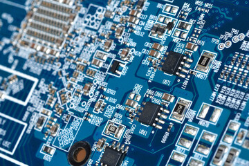 Detail of electronic components and microchips on  a video card. Latest generation Video Card.