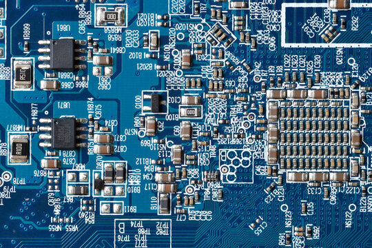 Detail of electronic components and microchips on  a video card. Latest generation Video Card.