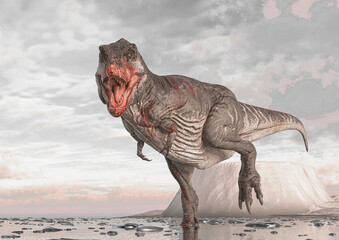 tyrannosaurus rex is walking on ice land