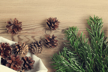 Zero waste and eco friendly christmas concept. Natural decorations and branches of a Christmas tree...
