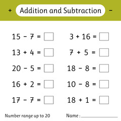 Addition and Subtraction. Number range up to 20. Math worksheet for kids. Numeracy skills. Solve examples and write. Mathematics